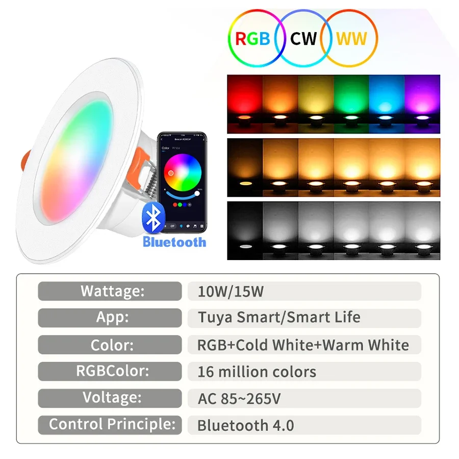 85-265V 10W 15W Smart Bluetooth LED Downlight RGBCW Ceiling Spotlight Smart Life APP Control Room Decor Dimmable LED Down Light