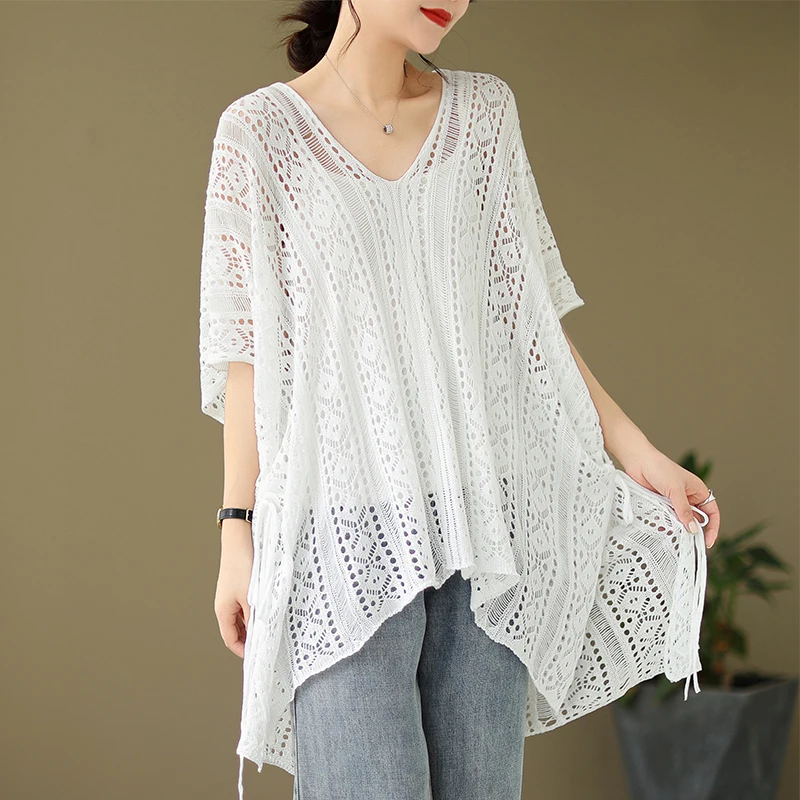 플러스 사이즈 v 넥 속이 빈 니트 여성 여름 루즈 한 겉옷 트렌디 탑 캐주얼 편안한 통기성 반팔