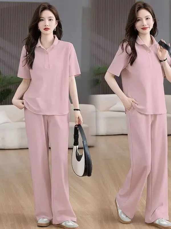 Conjunto de Moda para Mujer Tallas Grandes Verano 2026: Pantalones de Pierna Ancha de Cintura Alta y Blusa de Manga Corta que...