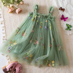 Toddler Baby Girls Summer Dress Puffy Mesh Tutu Princess Floral Embroidery Suspender Dress Baby Girls Birthday Party Clothes