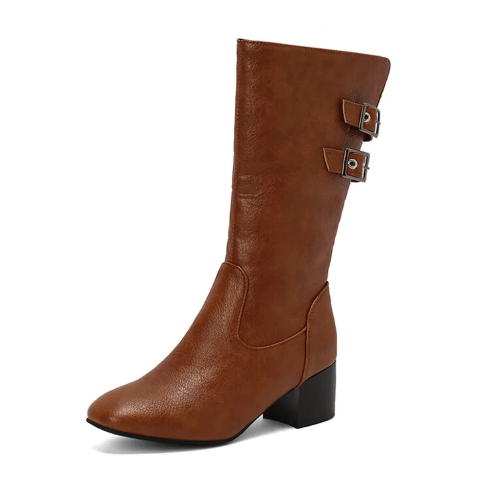 Mid calf boots women fashion belt buckle round toe thick high heels inner zipper party dress casual big size 48 49 50 T106-5