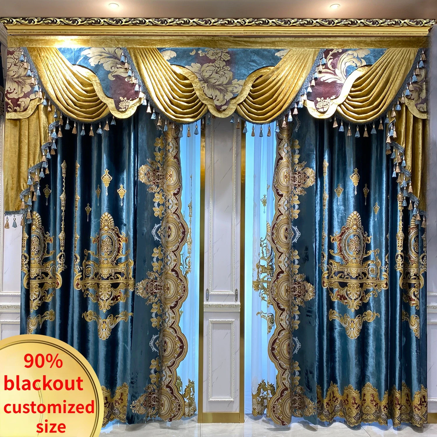 

Custom European Palace Luxury Curtains for Living Room Bedroom Blackout Tulle Valance Blue French Iace Velvet Embroidered Villa