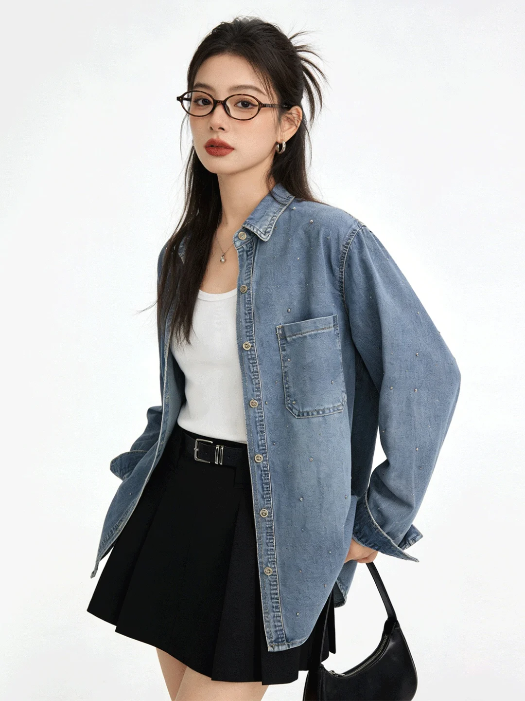 

Retro Rhinestone Denim Jaet Women's Loose Collar Long Sve Sun Protection irt Commute Versatile Korean Sle Spring 2026