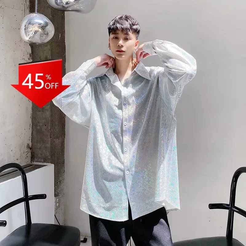 

Y2K Gloss silver Sparkling Stage uitshirt 2022 2023 men shirts camisas kemeja pria korea style hawaiian shirt men clothing