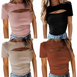 Women's Spring New Cross border Fashion Sexy Women's Top Women's Hollow Short Sleeve Solid Color Slim Fit
