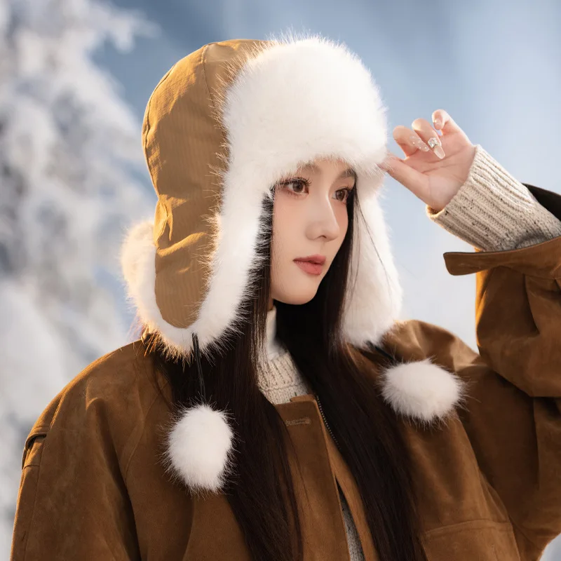 

Women's Winter Outdoor Thermal Hat with Fleece Lining Thickened Leifeng Hat with Fur-Lined Earmuffs Drawstring-Tied Beanie