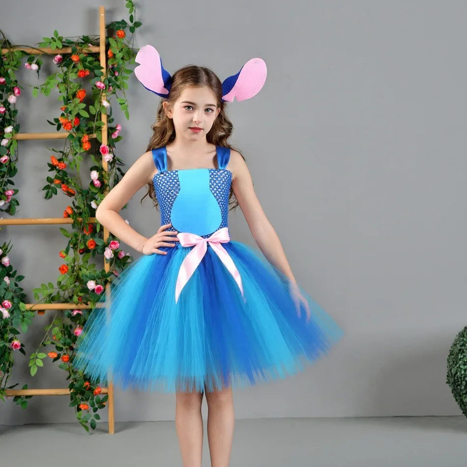 Kids Halloween Dog Costume Cartoon Blue Doggy Fancy Tutu Dress with Headband and Tail Animal Role Play Carnival Party Clothing