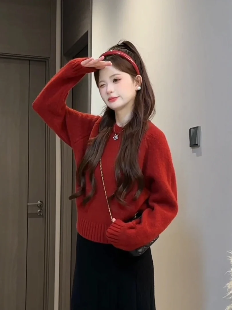 سترة نسائية من Retro Enn Round Ne ort متماسكة لطيفة كورية بسيطة للخريف والشتاء مطابقة الجزء العلوي من الجسم