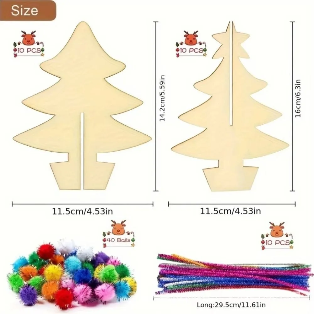 

70Pcs DIY Handmade Christmas Tree 3D Parent-Unisex interaction Christmas Crafts Set Painting Painted Wood Chips
