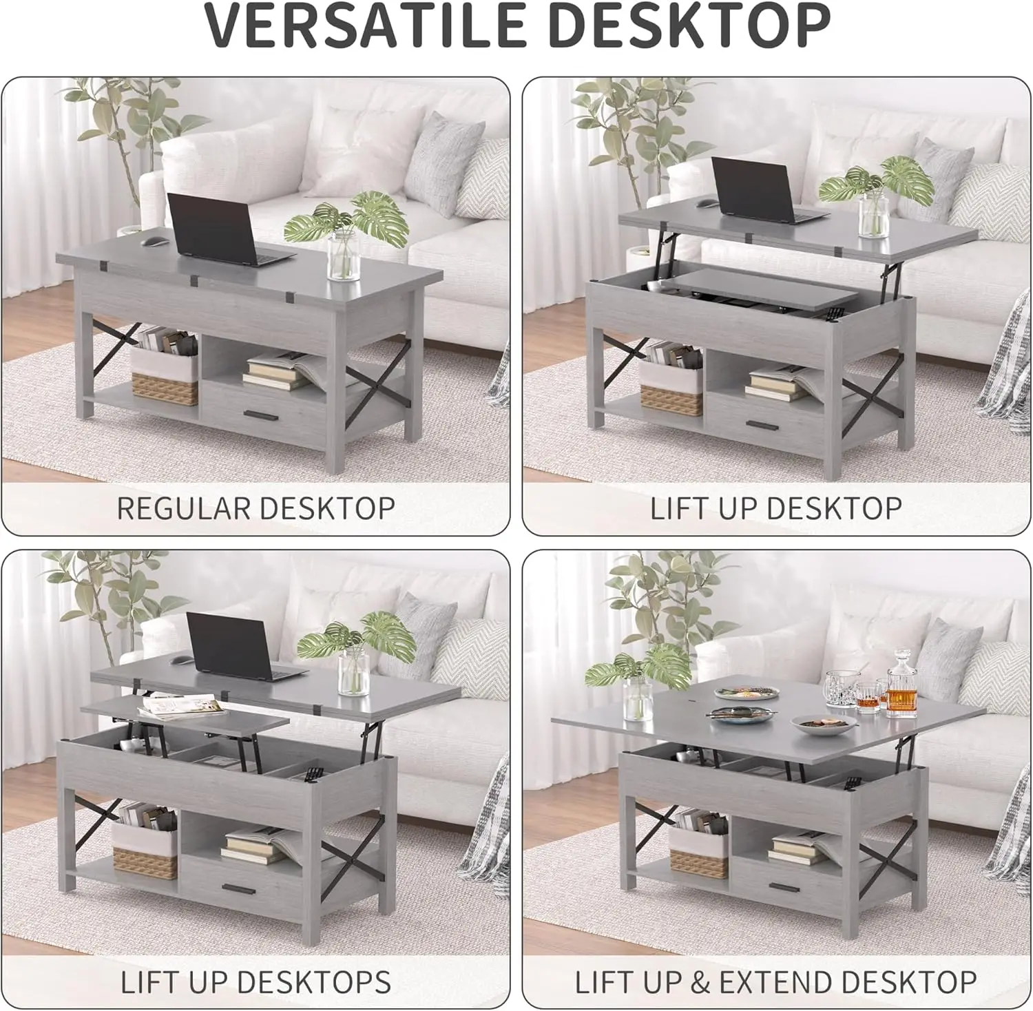 Mesa de centro con tapa elevable multifunción gris: convertible en mesa de comedor con cajones de almacenamiento, compartimentos ocultos