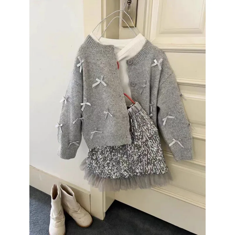 Grey Baby Girl Princess Knitted Cardigan Bow Infant Toddler Child Sweater Outfit Kid Knitwear Coat Autumn Baby Clothes