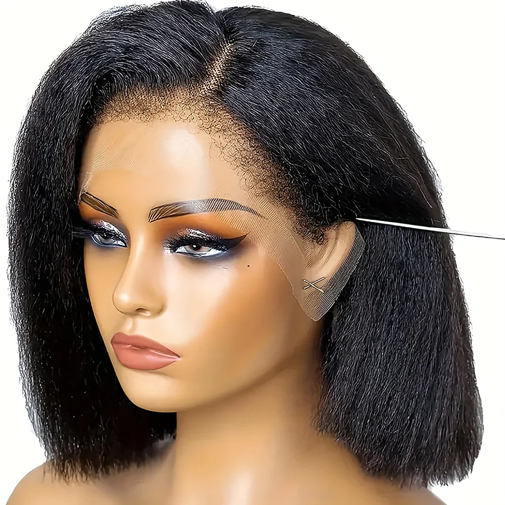 Perucas de Cabelo Humano Curto Bob Lace Front para Mulheres, Perucas Retas Kinky, Parte T, Transparente, Brasileira, Peruca Frontal, Pré Arrancadas