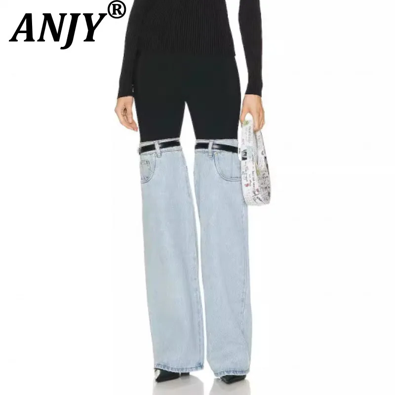 ANJY Spring Autumn New Women Design Niche American Style Patchwork Jeans High-End Personality Contrast Color Denim Pants A19999
