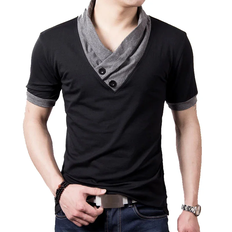 New Plus Size Summer Mens T-Shirts Fashion  Slim Short Sleeve Patchwork V Neck Cotton Black T Shirt Men Button Tops & Tees