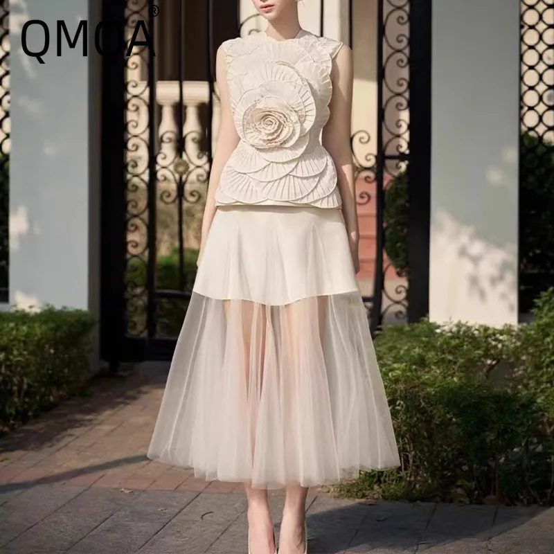 QMQA Fashion Women's Elegant 2 Piece Set Three-Dimensional Flower Sleeveless Top Mesh High Waist Skirts Sets 2025 Female QM750
