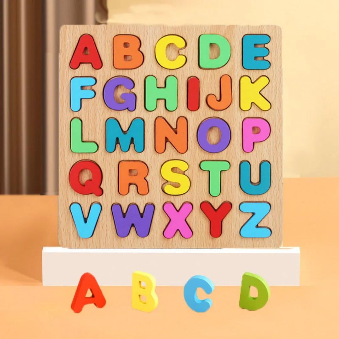 Wooden ABC Alphabet Puzzle Board, Montessori Letter Matching Shape Sorter with Pegs for Toddlers, Early Learning Toy