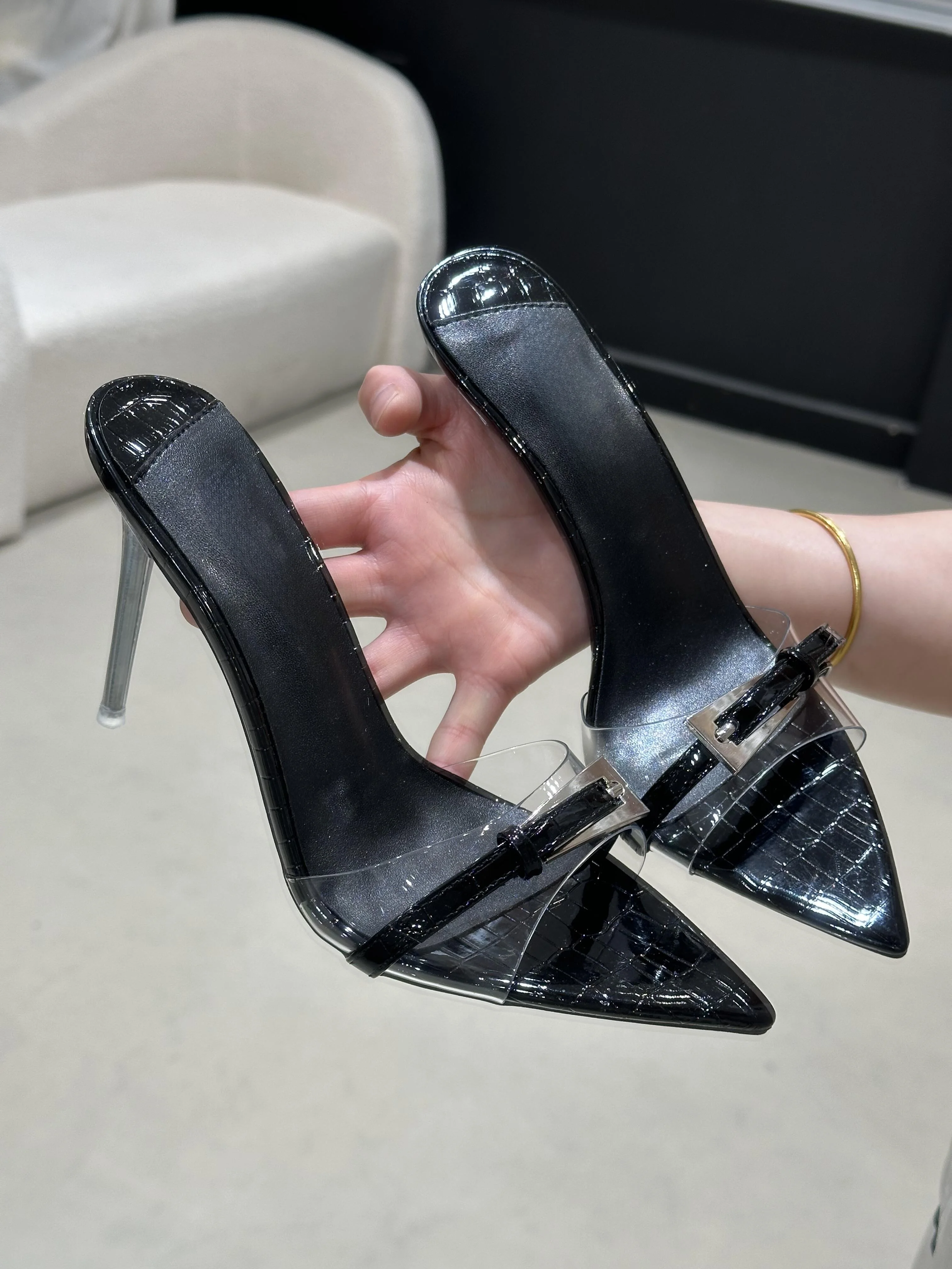 Strap high-heeled slippers for women in summer, new pointed thin heel transparent sheet sexy versatile sandals