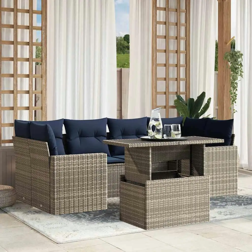 

Cozy Gray Poly Rattan 7 Piece Patio Sofa Set with Comfortable Cushions Outdoor Furniture for Garden and Balcony