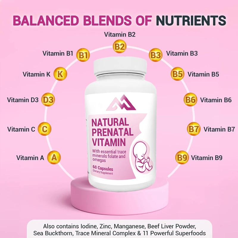 Women's natural prenatal vitamins include folic acid, vitamins, minerals, Omega, and 11 types of superfoods in 60 capsules