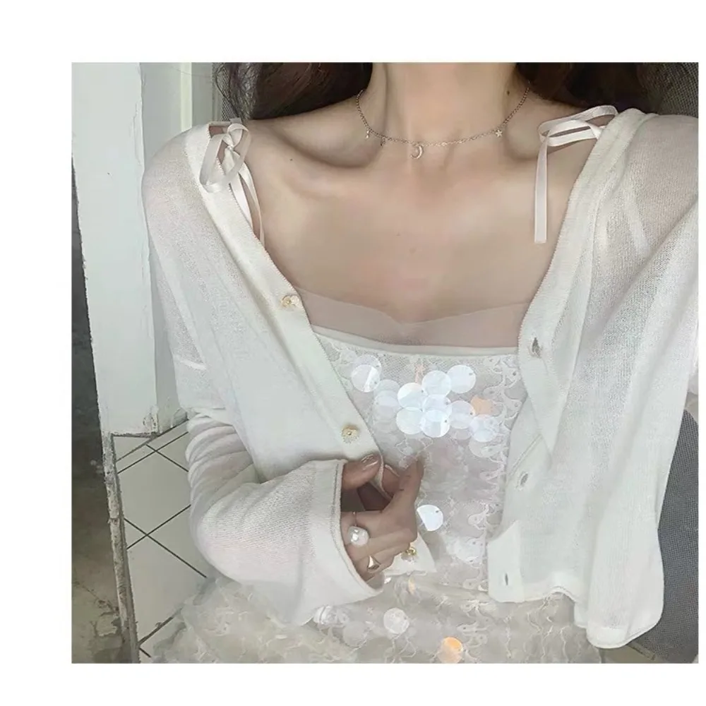 Fashion Summer Knitted Cardigan Sweet Thin Knitwear Tops Long Sleeve Beach Vacation Casual Blouses