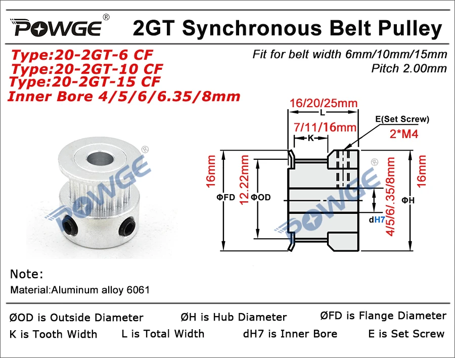 POWGE 20 teeth GT 2GT 2MGT Timing Pulley  Bore 4/5/6/6.35/8mm for Width 6/10/15mm 2M synchronous belt 20teeth 20T small backlash