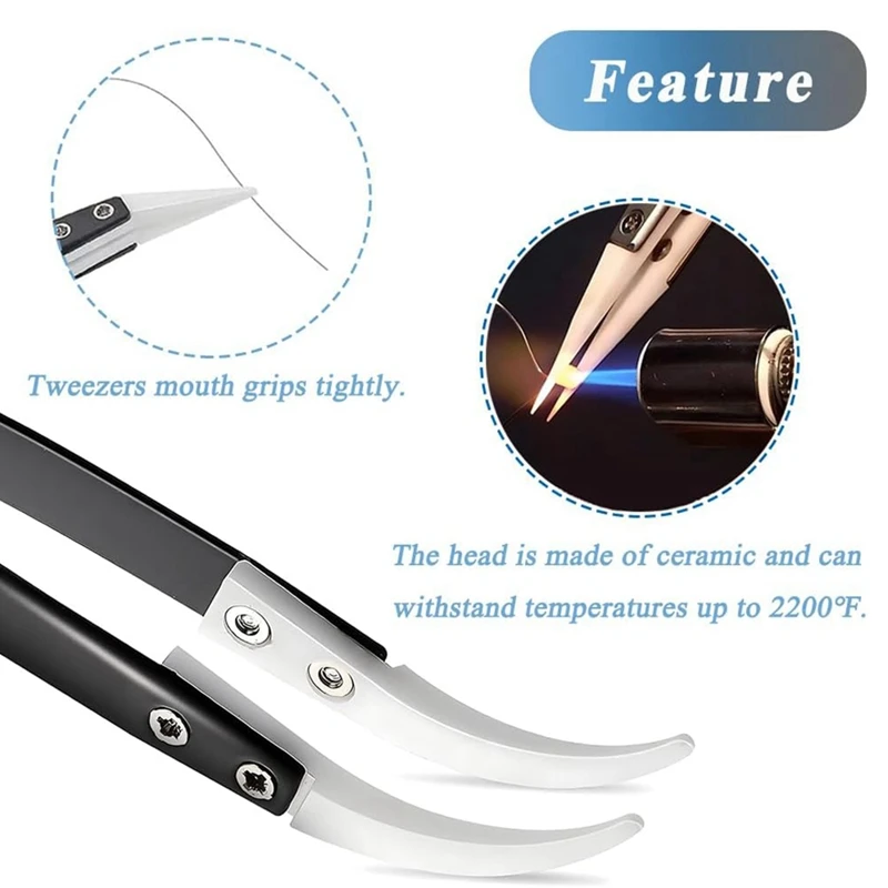 3Pcs Precision Ceramic Reverse Tweezers, Straight & Curved Tips Tweezers Set, Stainless Steel Tweezers-A22G