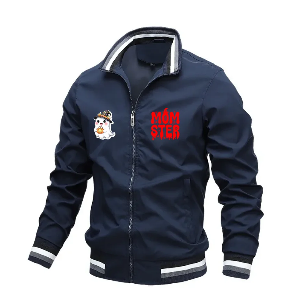 Halloween themed drip font monster pattern jacket men's striped ribbed collar casual baseball uniform daily street wear