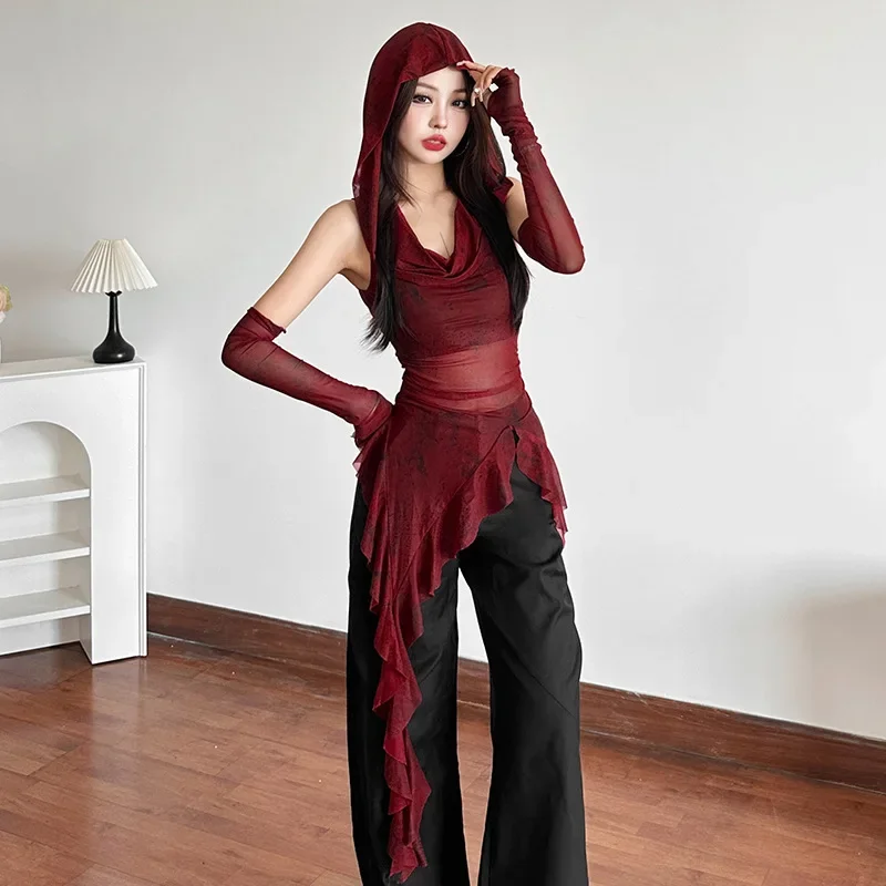 Streetwear 90s Grunge Mesh See Through Hooded Tops Cyber Y2K Irregular Hem Ruffles Hoodie Women Slim Blouse with Cuffs