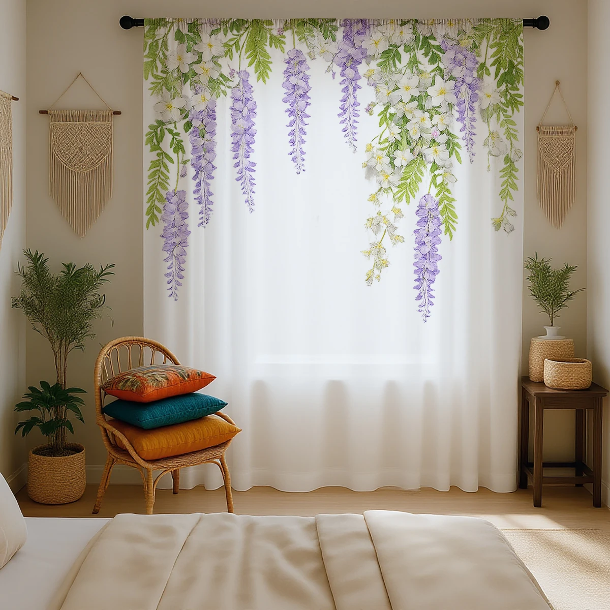 Purple Wisteria Rod Pocket Sheer Curtains, Hanging Floral Vine Voile Window Curtain for Bedroom Living Room Home Decor
