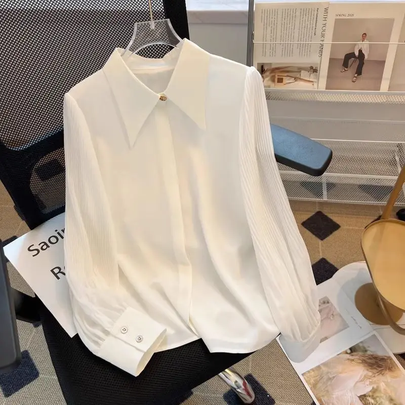 

Женская одежда, весенне-осенняя модная однотонная женская рубашка с воротником-поло на пуговицах, элегантные универсальные топы с длинными рукавами