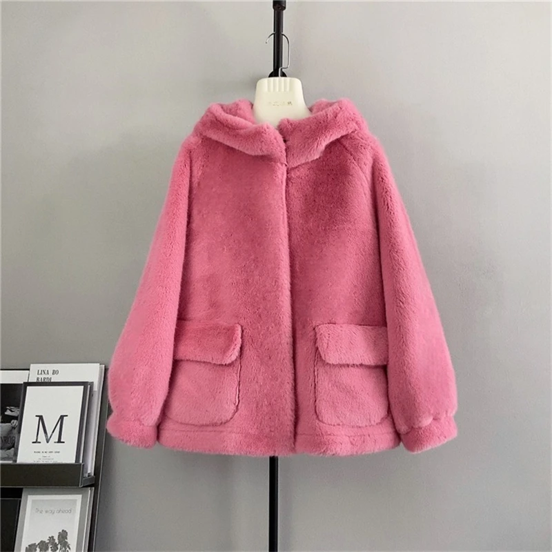 Chaqueta con capucha de terciopelo de visón falso para mujer, abrigo de invierno grueso, imitación de piel de visón importada, moda cálida, PT467