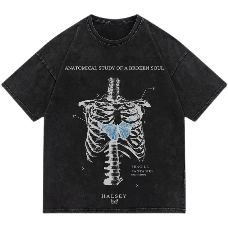 Women's American Retro Washed and Aged Individual Skeleton Print Loose Fashion Short Sleeve T-Shirt for Spring and Summer