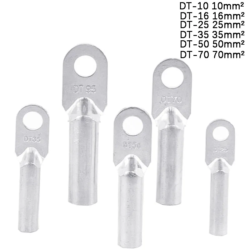 DT-10/16/25/35/50 Tin Plated Splice Copper Wire Connector Tinned Cable Terminal Cold Pressure DT Type Crimp Blot Hole Nose