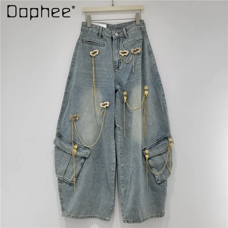 

American High Street Retro Heavy Industry Metal Chain Jeans Deconstruction Splicing Design Straight Wide-leg Pants Jeans Woman