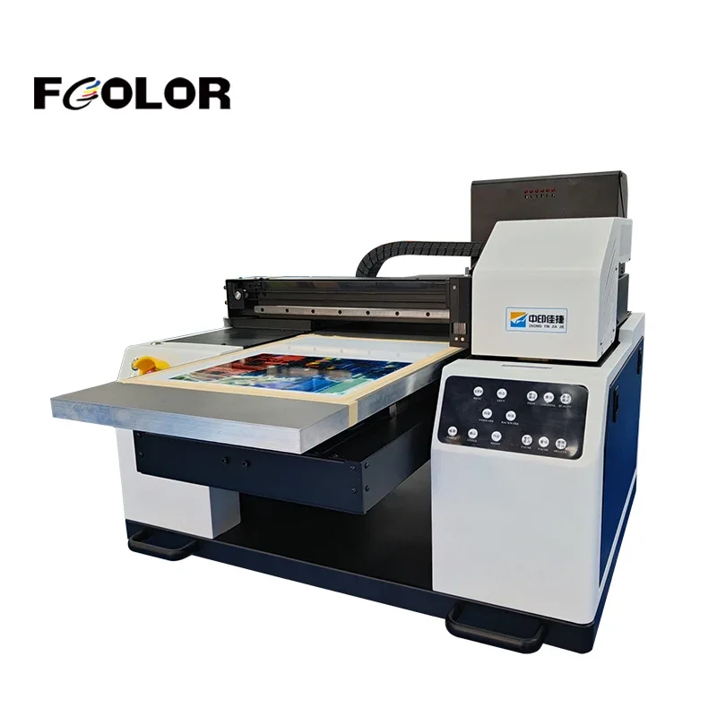 FCOLOR Hochwertiges Desktop-Digital-Flachbett-UV-Gerät UV-Gitterdrucker A4 Automatisches Tintensystem Mehrfarbig