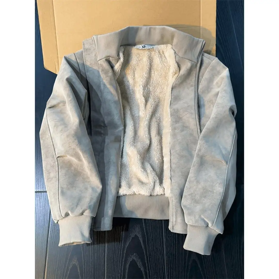 

American Style Dyed PU Leather Stand Collar Jacket Men's Winter Fleece Lined Warm Short Coat Thick Stylish Cotton Clothes