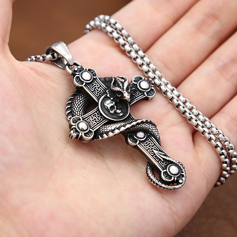 Gothic Vintage Dragon Pendant for Men Boys Punk Stainless Steel Cross Skull Necklace Biker Amulet Fashion Jewelry Gift Wholesale