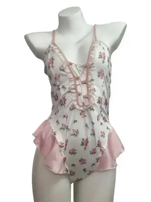 Sexy Dress Pure Desire Bodysuits Strap Tie Cute Floral Pajamas Bodysuits Backless Deep V Sleeveless Bodysuits Charming OND9