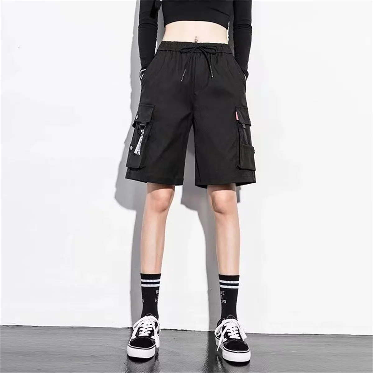 Black Y2K Cargo Shorts Women Harajuku Black Oversized Wide Leg Shorts Summer Streetwear Fashion High Waist Baggy Short Pants New