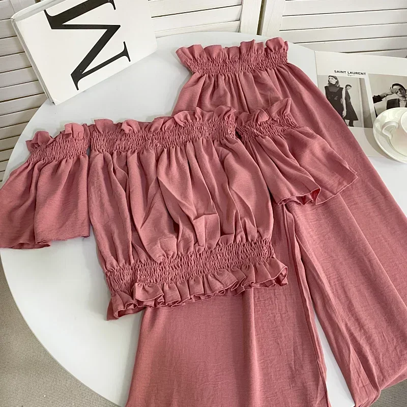 2024 New Summer Fashion Casual Solid slash neck ruched slim short Top + High waist wide leg Pants two piece set