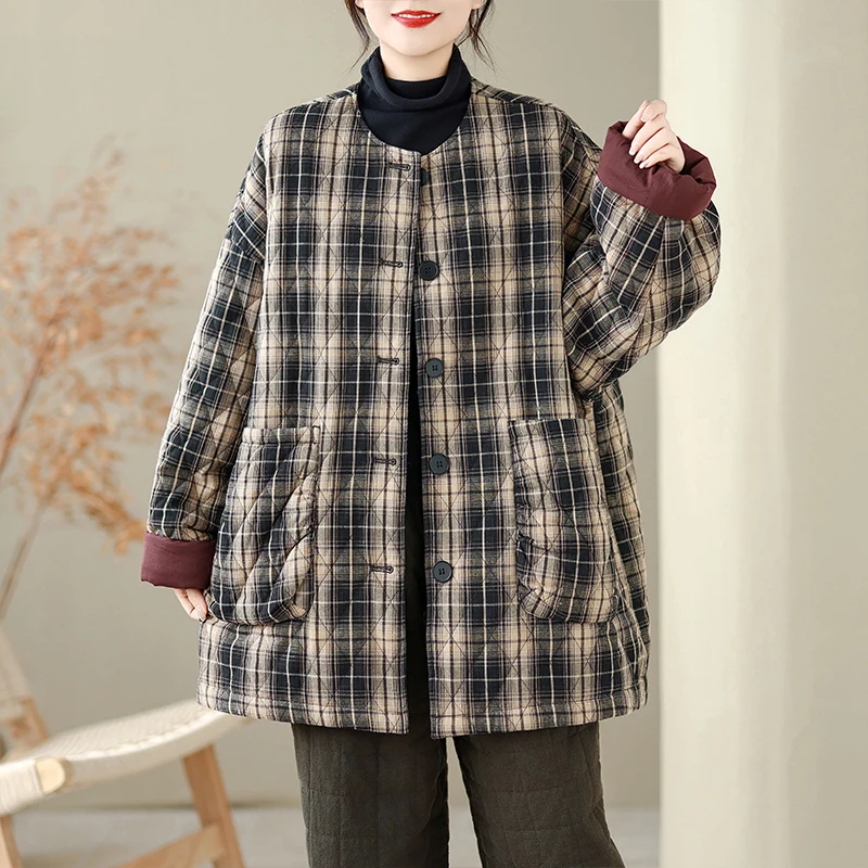 

Повседневная хлопковая куртка на одной пуговице для женщин, свободного кроя, больших размеров, осенне-зимняя, в клетку, теплая, из хлопка