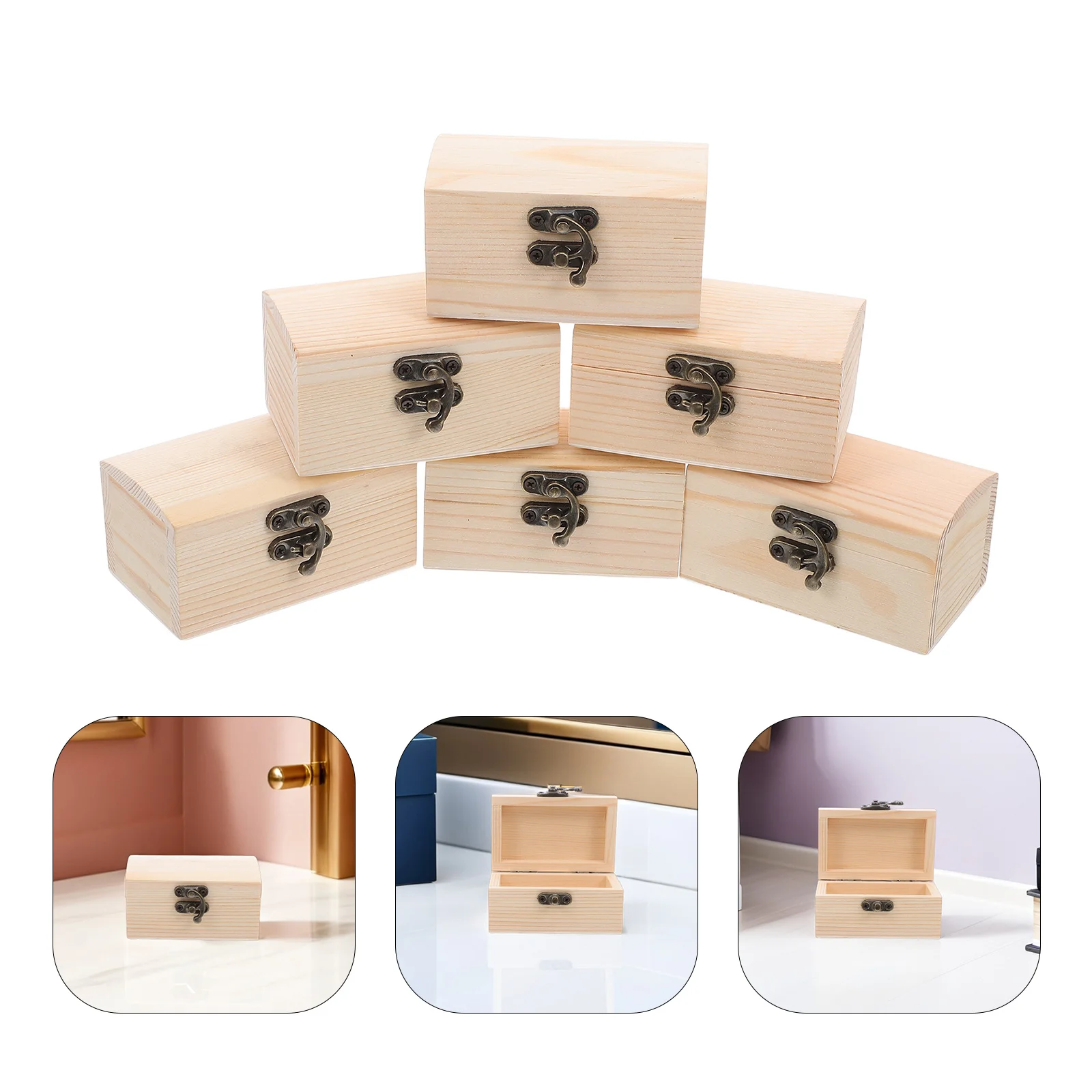 

6Pcs Small Wooden Treasure Chest Unfinished Mini Box Natural Pine Wood DIY Craft Storage for Jewelry Coins Trinkets Vintage