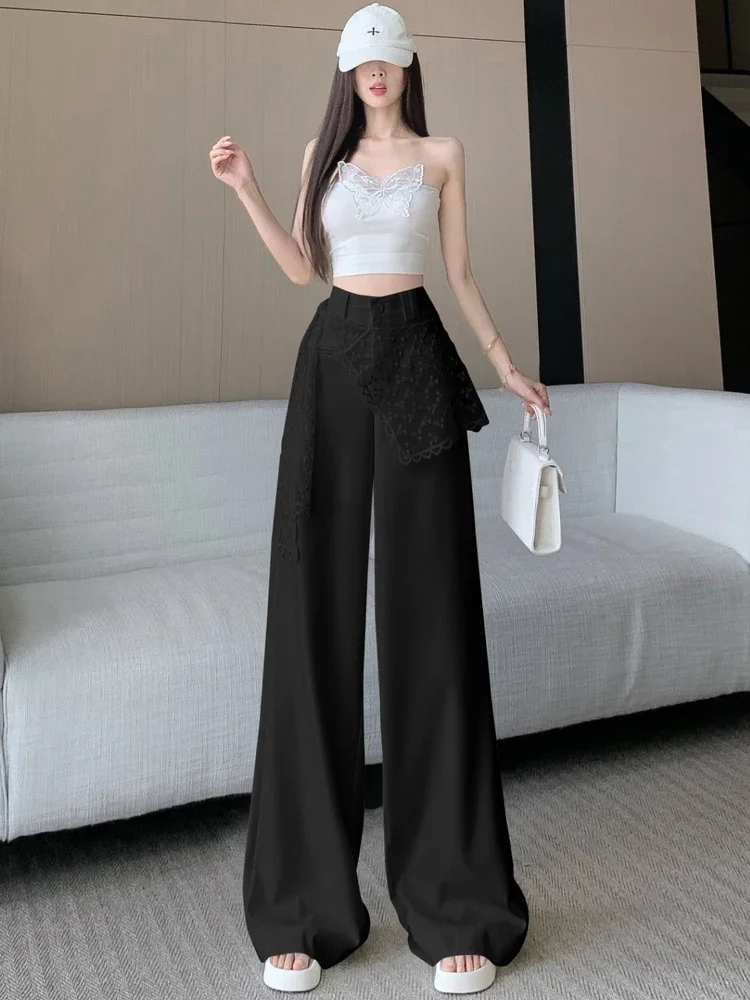 Pantaloni a gamba larga da donna in pizzo bianco, design estivo, pantaloni a gamba dritta alla moda a vita alta in due pezzi finti