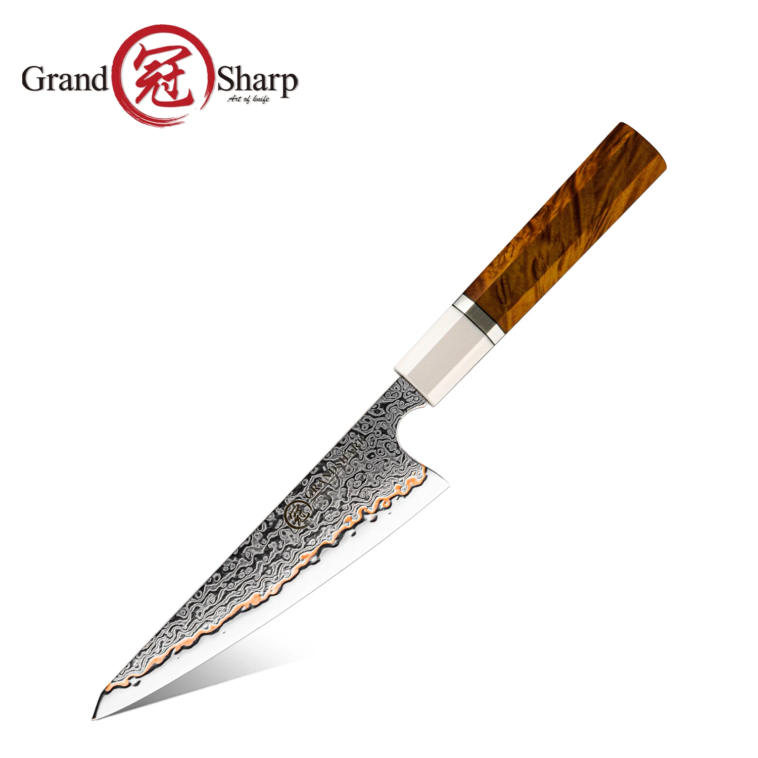 Grandsharp 6''Utility Knife 55 Layers Copper Damascus 10Cr15CoMoV Core Solidified Wood Handle All Purpose Fruit Vegetable Cutter