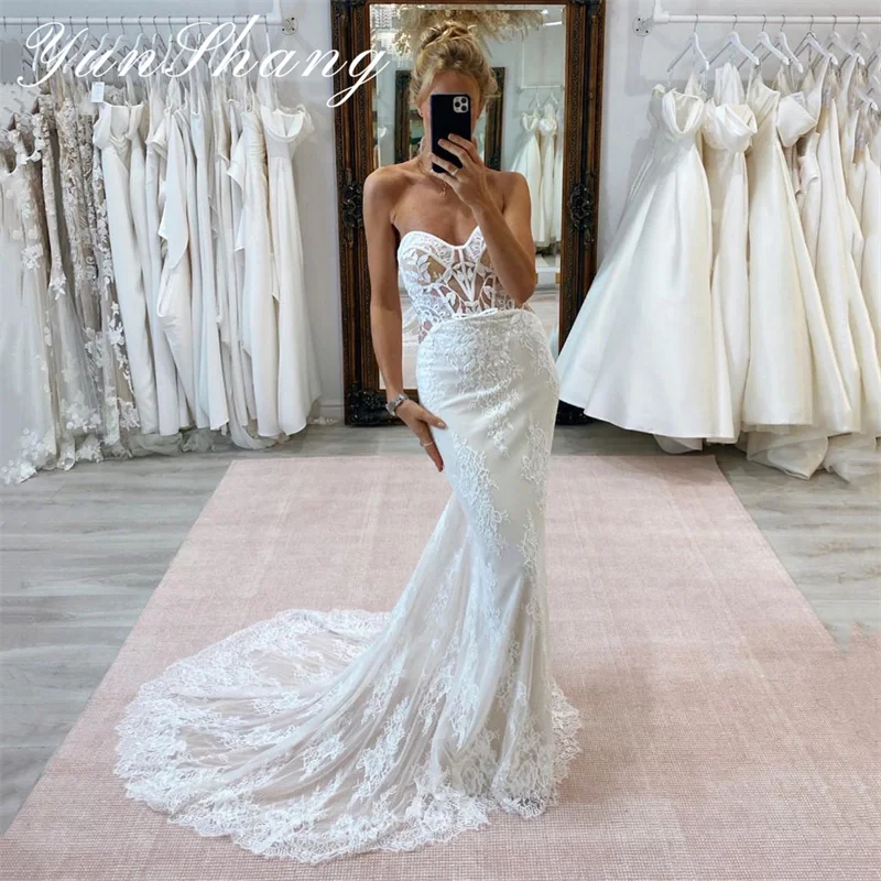 Yunshang elegante abito da sposa a sirena donna 2024 Sweetheart Lace Open Back abito da sposa senza spalline Sweep Train Vestidos De Novia