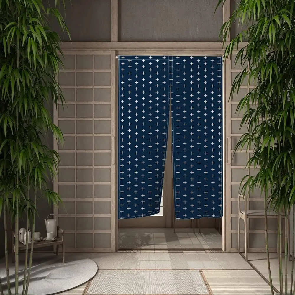 Minimalist Navy Blue Cross Pattern Door Curtain, Neutral Geometric Print For Home Entrance,Versatile Oriental Decor Room Divider