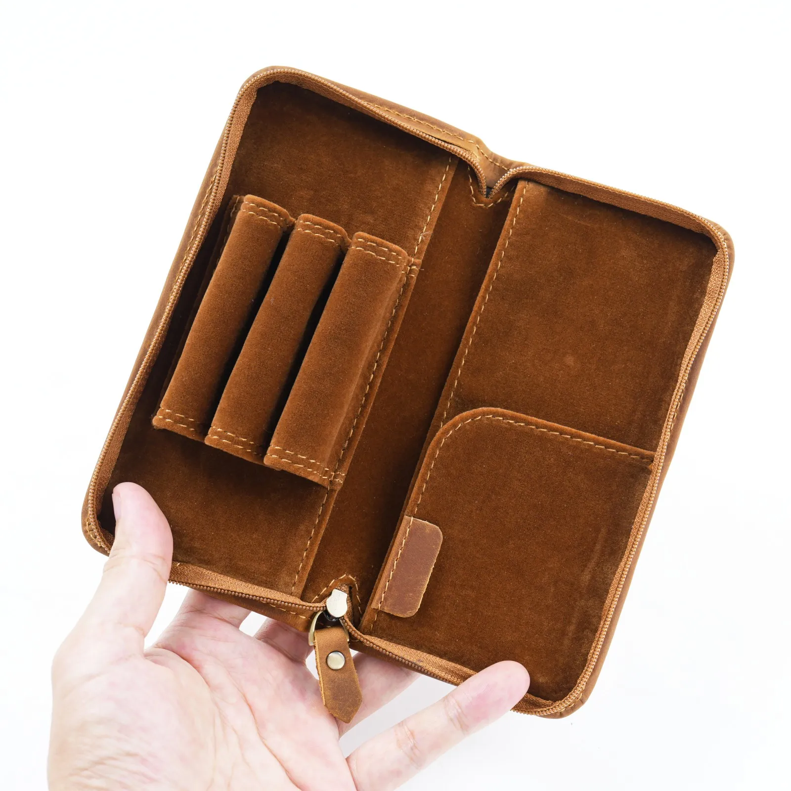 Estojo de couro genuíno com zíper, multifuncional, porta-canetas, organizador, papelaria, material escolar de escritório