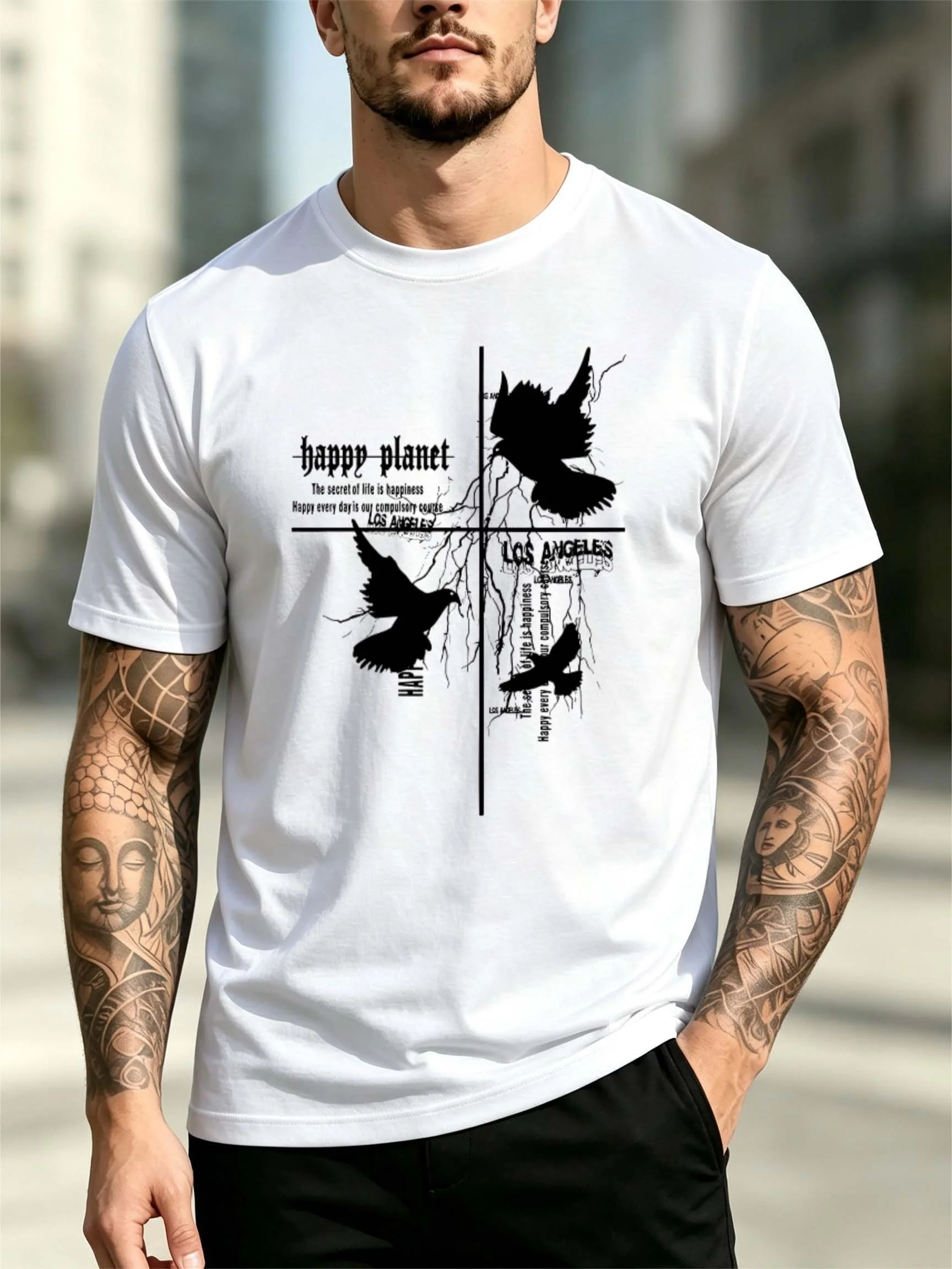 Men's Round Neck Short-Sleeve T-Shirt, Black and White Cross-Design with Bird and Branch Motifs, Los Angeles English Text, Street Style Print, Loose Fit, Oversized American Style, Breathable Summer Top