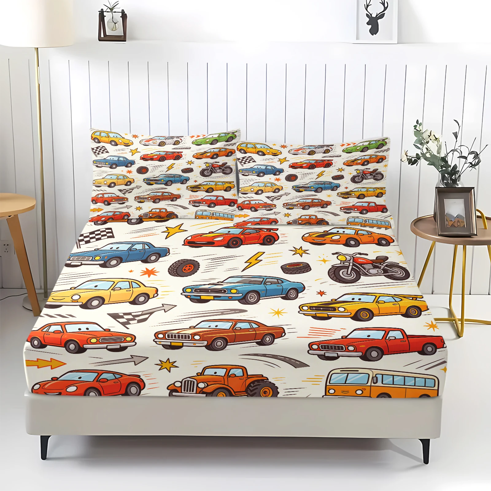 Cartoon Multi‑Vehicle Print Fitted Sheet Set Full Surround Elastic Deep Pocket Mattress Cover Colorful Race Car Soft Bedding Set