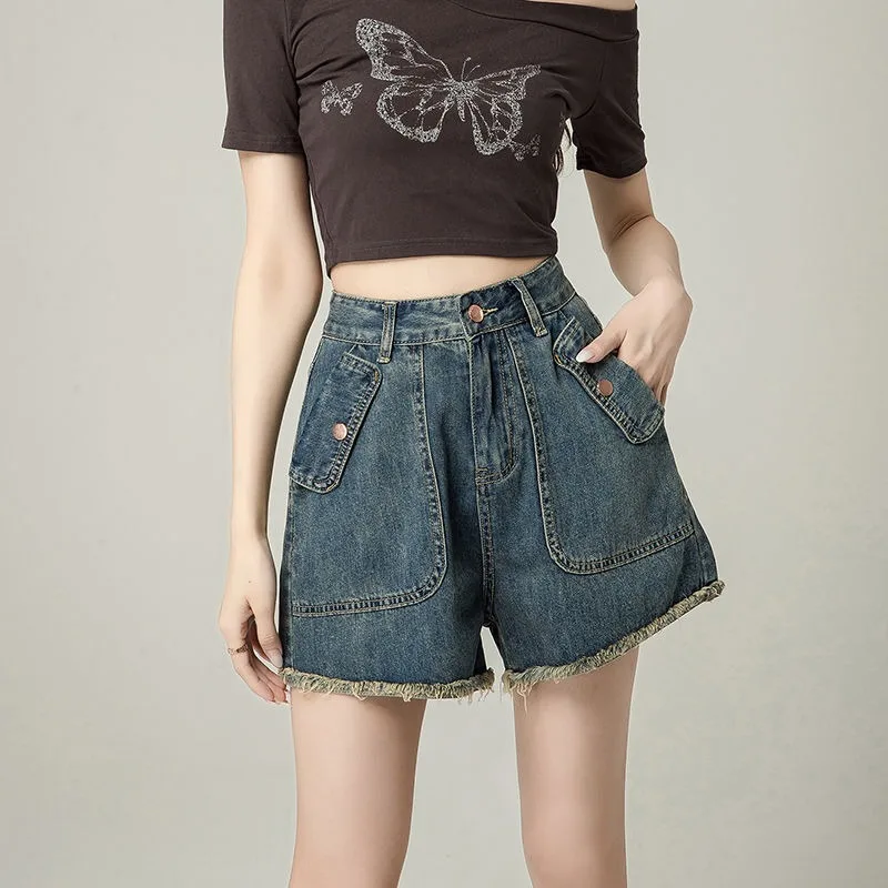 

Retro High Waisted Denim Shorts Women's Summer New Short Trousers Baggy Slimming Design Raw Edge A-line Wide Leg Hot Jean Pants